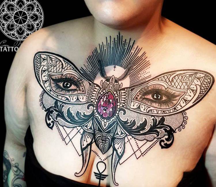 Cool Large Butterfly on Chest Tattoo Idea