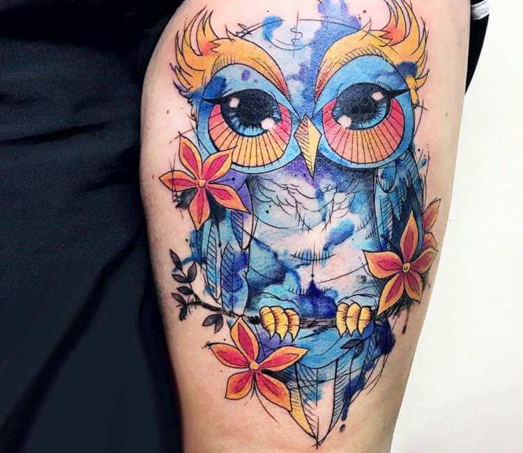 New Cute Color Owl Tattoo On Thigh | Tattoobite.com | Cute owl tattoo, Owl  tattoo design, Colorful owl tattoo
