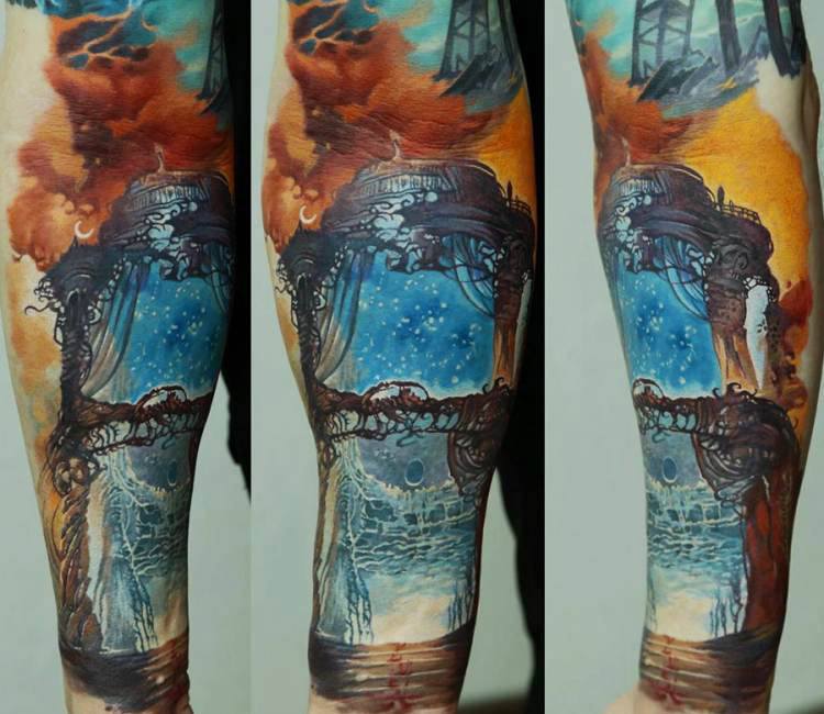 Dotwork Mountain Landscape Nature Tattoo Design – Tattoos Wizard Designs