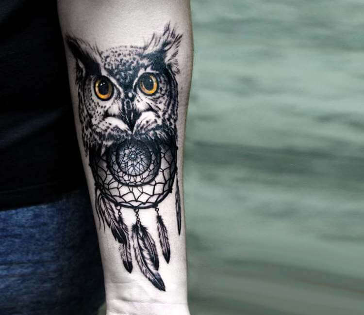 Black Ink Owl Dreamcatcher Tattoo Design For Forearm