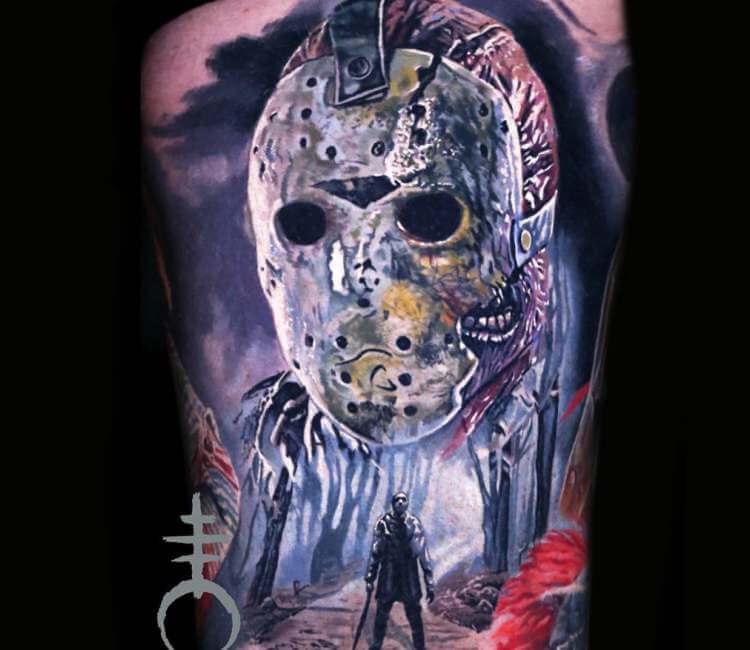 Realistic Grey Ink Jason With Axe Tattoo