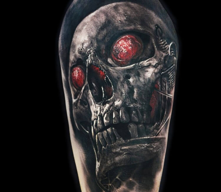 Black and Gray skull with eyeball Tattoo by Oak Adams TattooNOW