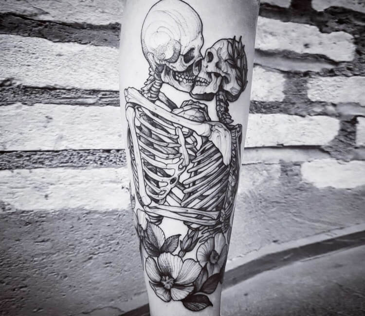 Finished kissing skeletons inspired by Watchmen  Done by Chris Black N  Red  Montreal Qc  rtattoos