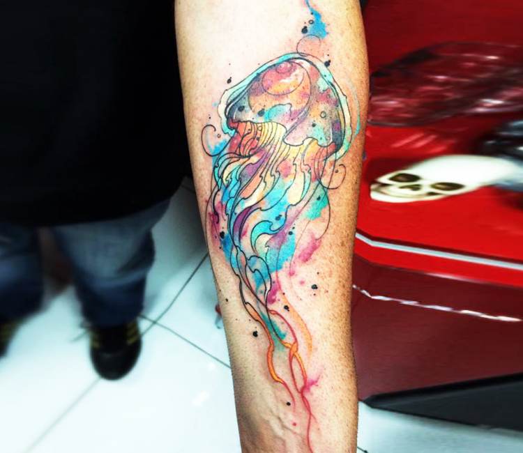 Assassin Tattoo  Piercing  Watercolor jellyfish tattoo done by  assassintattoorocky  Come stop by the shop today thank you for your  trust Contact us if you interested watercolor tattoo tattoos  tattooed 
