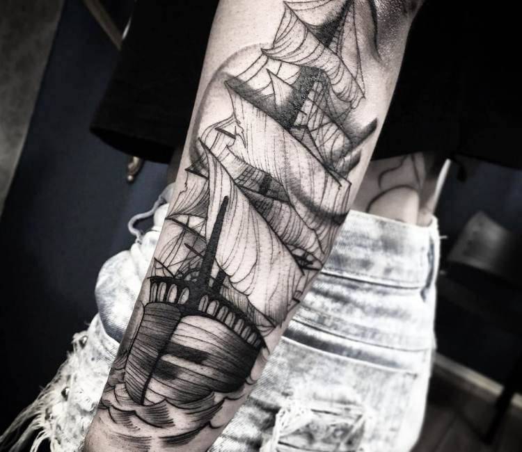 pirate ship tattoo forearm