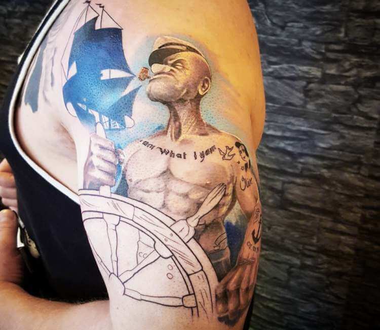 Arm Character Popeye Tattoo by Cia Tattoo