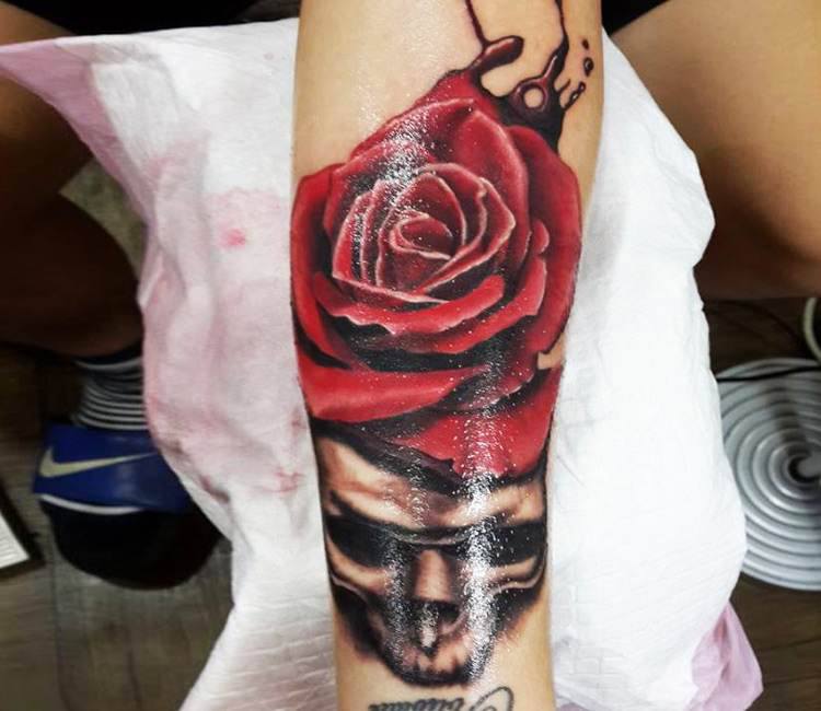Rose and skull tattoo Half lower arm sleeve Left  Sleeve tattoos Skull  tattoo Tattoos