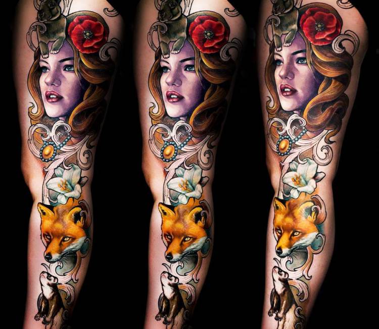 Leg sleeve tattoo by Julien Thibers