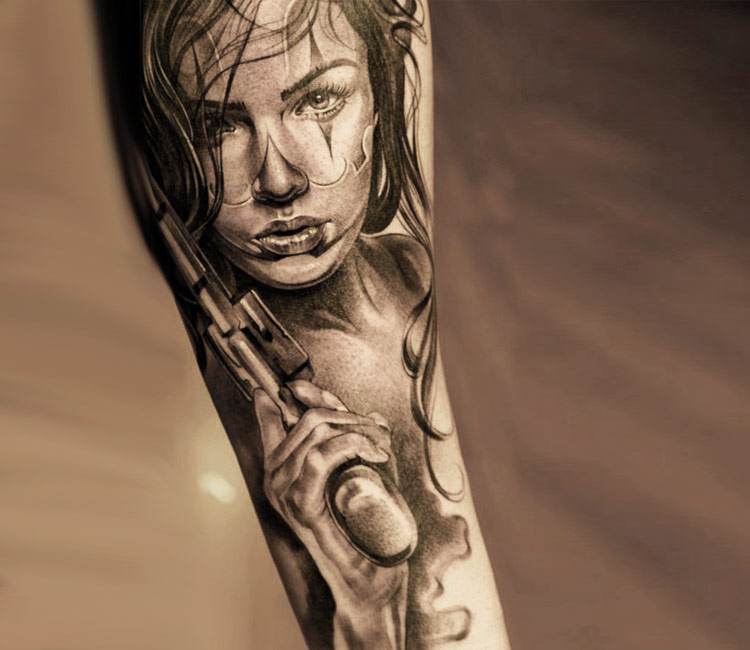 Woman Tattoos Gun Profile Blow Stock Image  Image of denim caucasian  33155381
