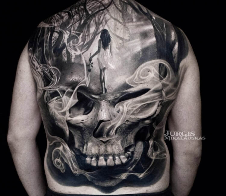 linework goth back tattoo with sharp burned wings made of bone and spine
