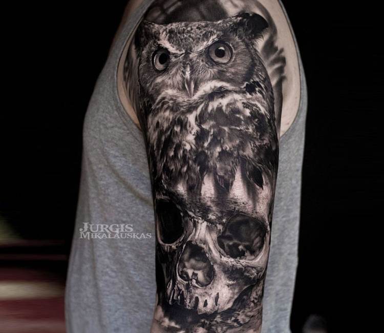 Owl and skull tattoo done by Ben Paley at Scared Skin Tattoos Endicott NY   rtattoo
