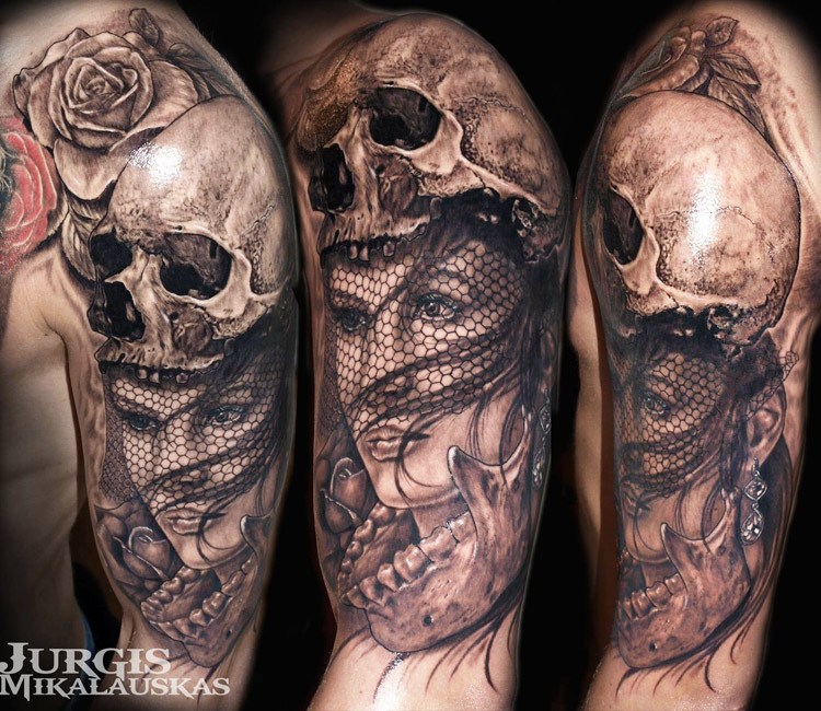 Art girl skull tattoo. Hand drawing and make graphic vector. 12506060  Vector Art at Vecteezy