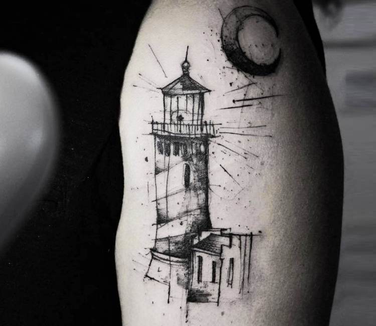 Inked and Judged Tattoo - Cool light tower/Dove landing on the beach piece.  Full sleeve in the making. Location: back of forearm Artist: Ryan Hutchings  | Facebook