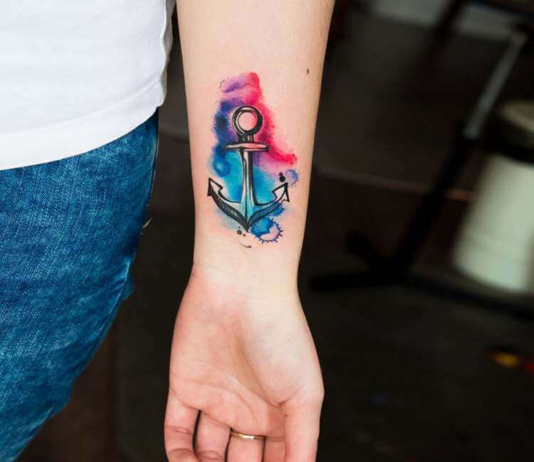 Watercolor Anchor Tattoo On Arm Sleeve