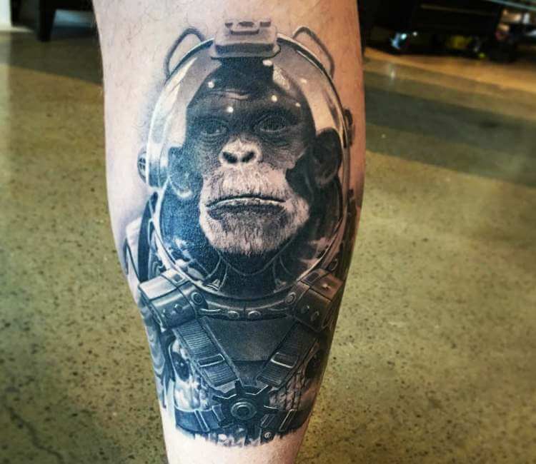 Space chimp tattoo by mattjordantattoo