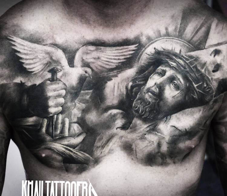 religious chest piece tattoos