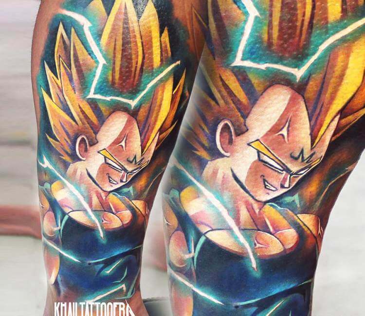 Vegeta tattoo on the calf.