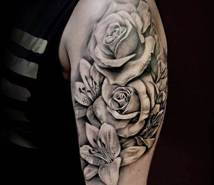 Realistic Black And Gray Flower Tattoo