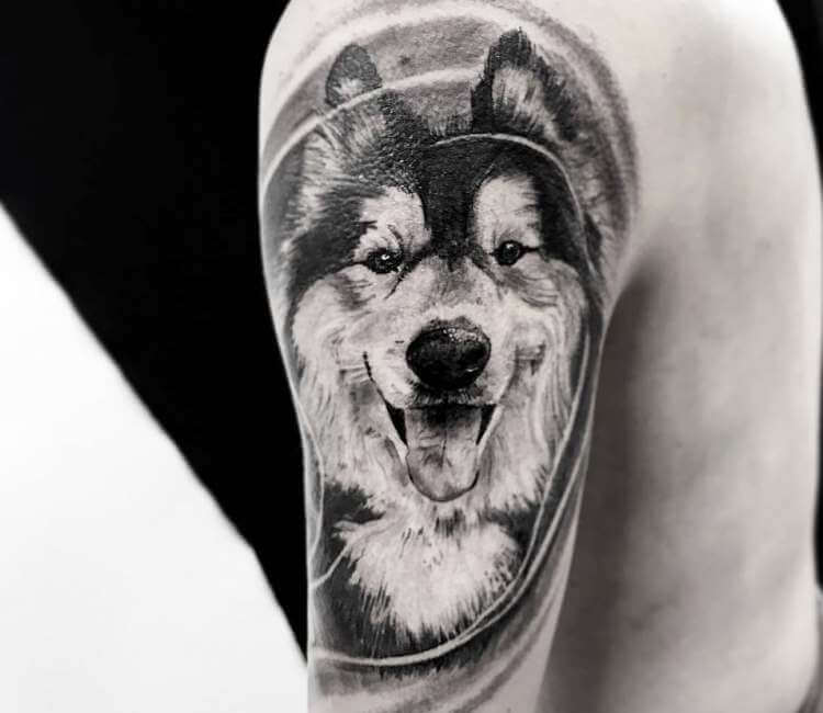 Realistic Pitbull Portrait with Flowers in Black and Gray by Yarda  Tattoos