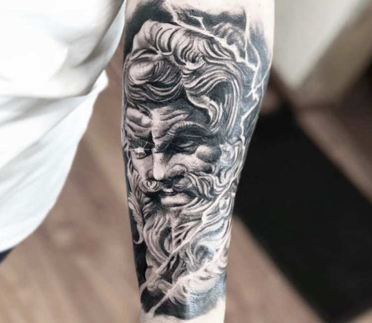 Zeus the God of thunder from Greek mythology, tattoo type, black and white  pencil drawing.