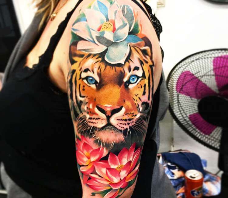 Tiger and Lotus Flowers tattoo by Lukash Tattoo | Post 22466