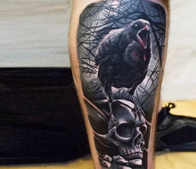 Tattoo uploaded by Manu Santana  crow raven skull roses oldschool  traditional sevendoorstattoo manusantana  Tattoodo