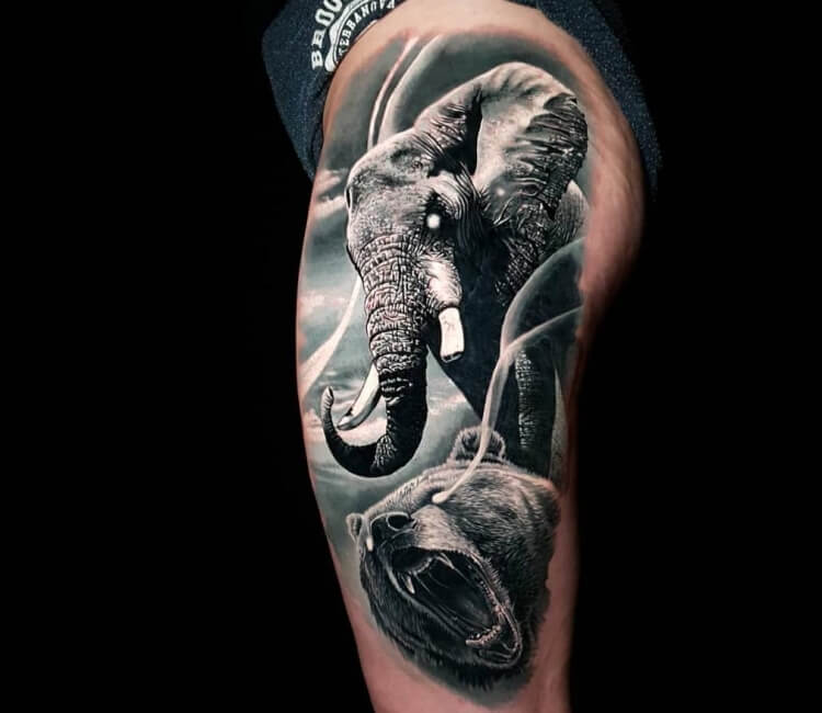 Elephant and Bear tattoo by Marek Hali | Post 29489