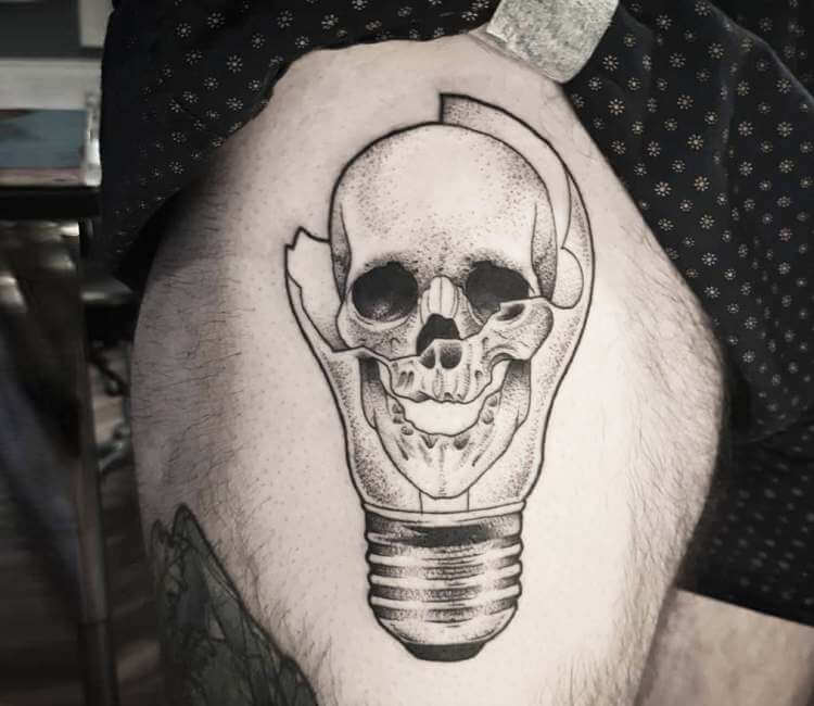 Skull and light bulb tattoo by Matt Pettis | Photo 22345