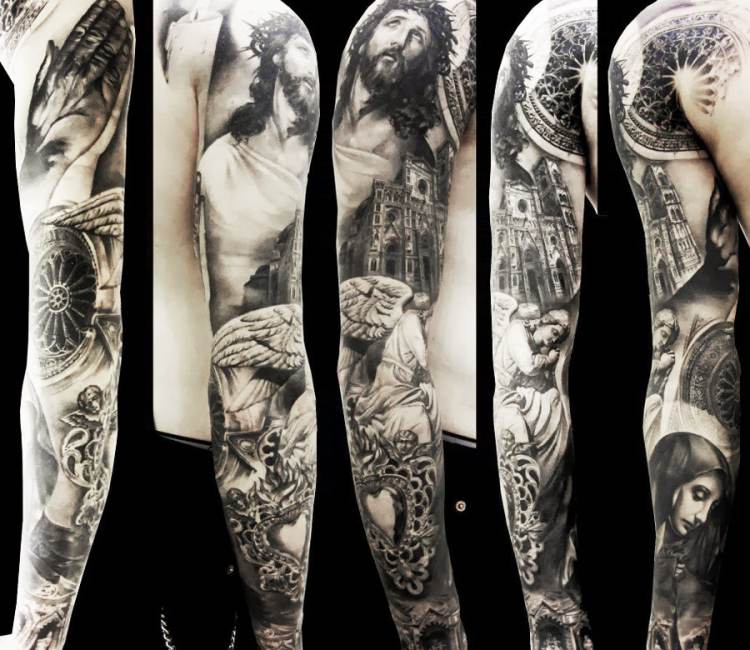Brotherhood tattoo studio - Love and hope, part of a religious sleeve.  Thanks for looking #tattoo #tattoos #tat #tattooideas #freehandtattoo # tattoosleeve #sleevetattoo #legsleeve #legsleevetattoo #legtattoo  #backpiecetattoo #tattooed #tattooart ...