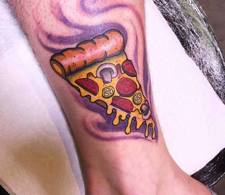 prompthunt tattoo of a slice of pizza made out of lava with rock toppings  red white yellow and black ink hyperdetailed realistic