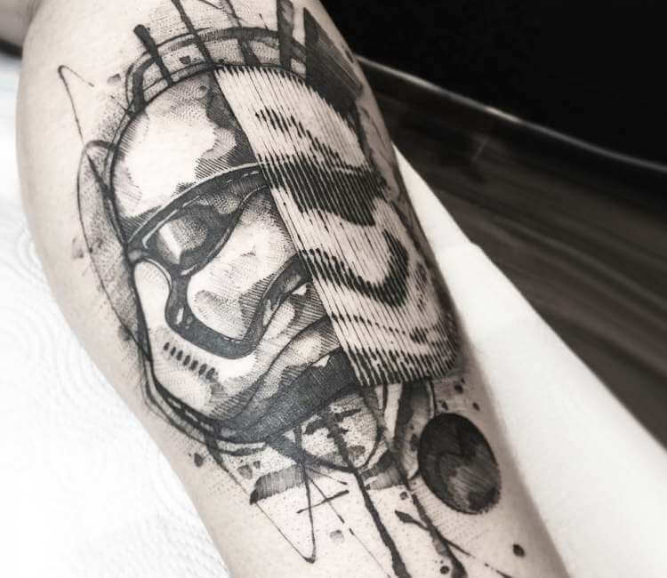Grey Ink Stormtrooper Tattoo On Left Shoulder