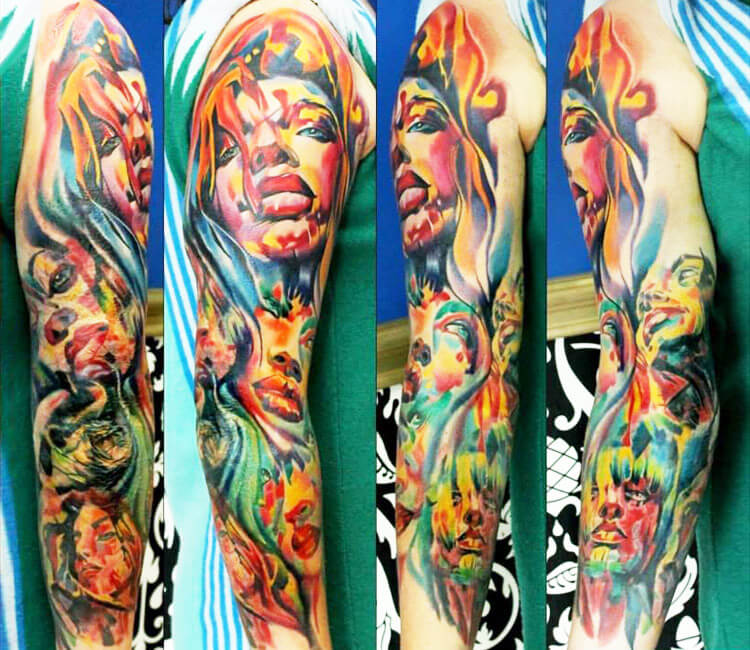 Abstract style sleeve tattoo.