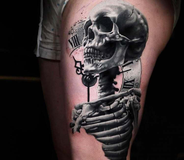 Fine line dancing skeleton tattoo located on the inner