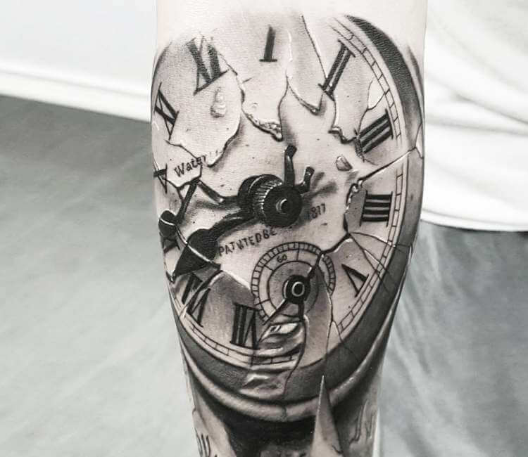Shaded broken Clock  Diamond  Flowers  pmtsketch  tattoodesign GmbH