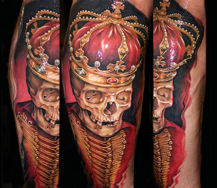 Grey Ink 3D Skull With King Crown Tattoo Design For Half Sleeve By Alan  Padilla
