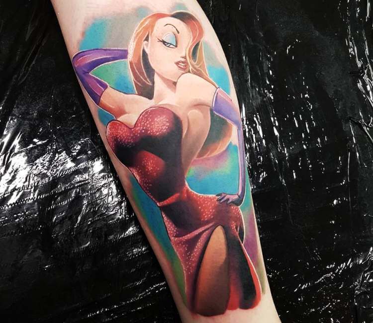Tattoo of Jessica from Who Framed Roger Rabbit on man's leg with red rose  Stock Photo - Alamy