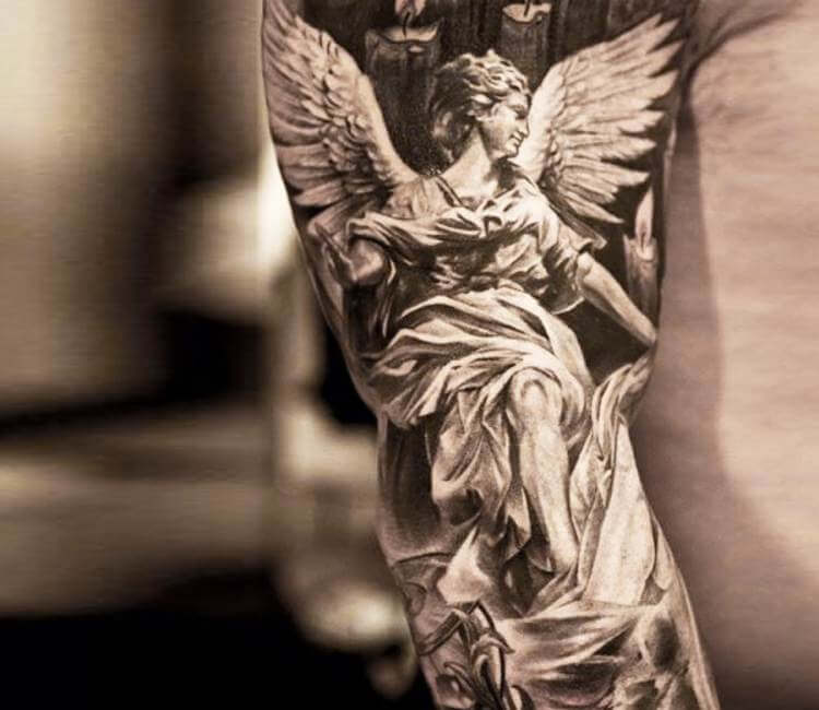 40 Angel Statue Tattoo Designs For Men  Carved Stone Ink Ideas
