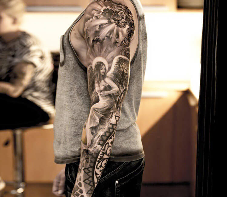 religious full sleeve black and grey realistic tattoo lond… | Flickr