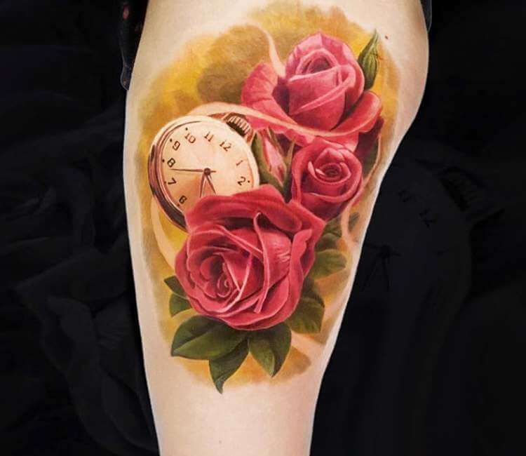 rose and pocket watch tattoo designs