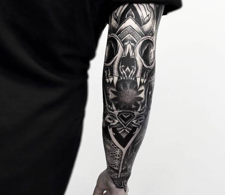 Demon and skull sleeve tattoo by Supreme Drone in Los Angeles, California!  : r/tattoo