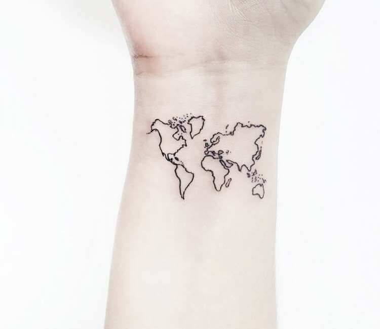 Fine line planet earth tattoo on the left inner forearm. | Planet tattoos, Earth  tattoo, Earthy tattoos
