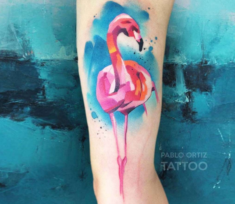 Watercolor style Flamingo tattoo on the right lower