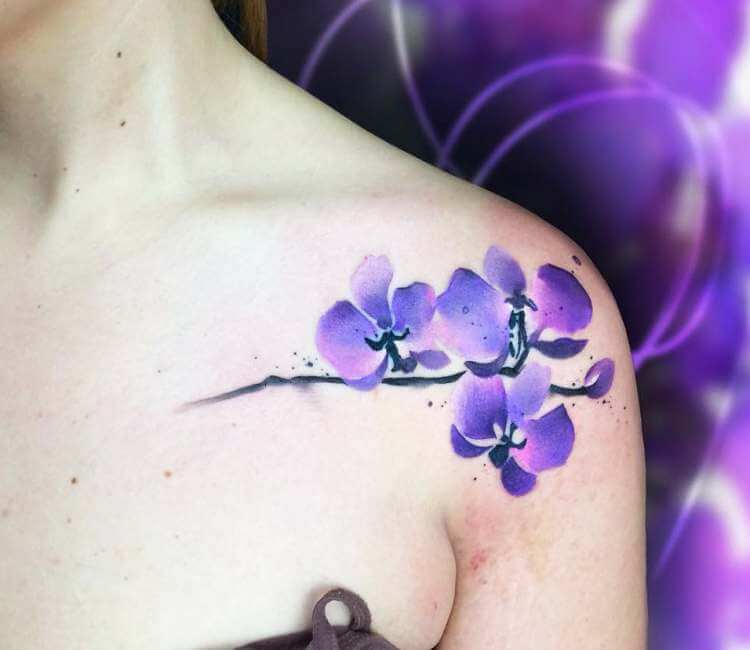 Purple Orchid Tattoos On Full Leg