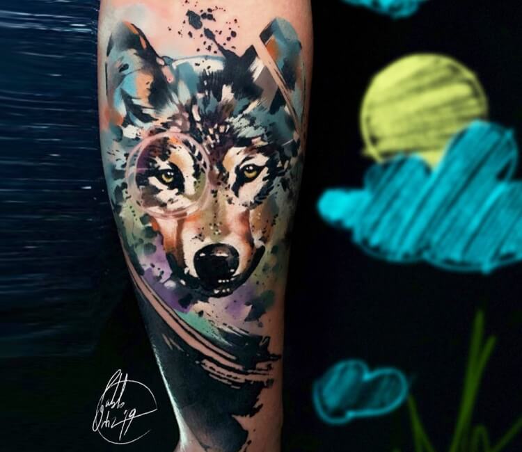 Javi Wolf  Watercolor Wolf Tattoo Tattooed by javiwolfink