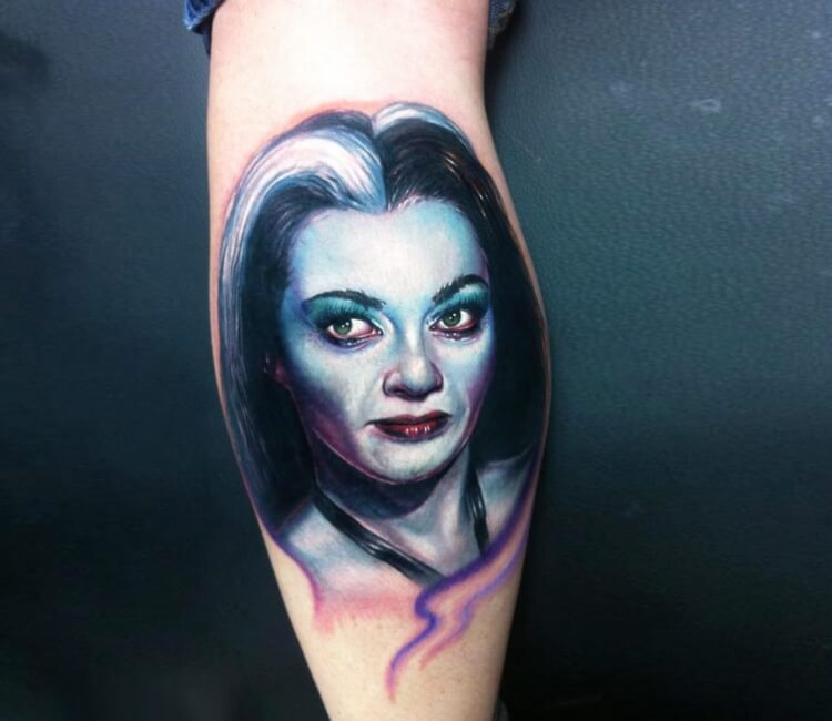 Lily Munster, Elvira and the bride of frankenstein complete. Only Morticia  Adams left to complete this thigh piece. Mj | By American InkFacebook