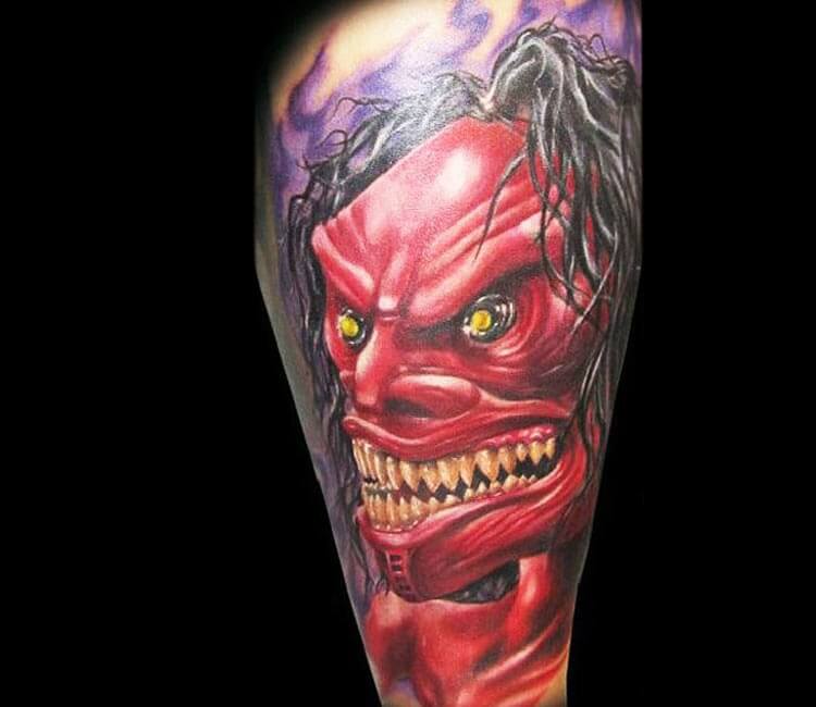 Red Ink Demon Head Tattoo On Chest