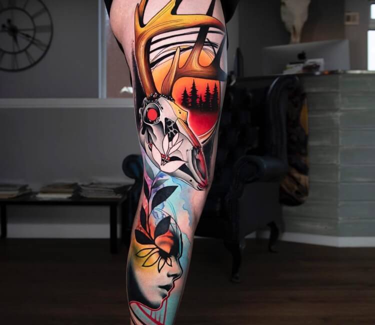 Beautiful Girl With Colored Right Sleeve Leg Tattoo