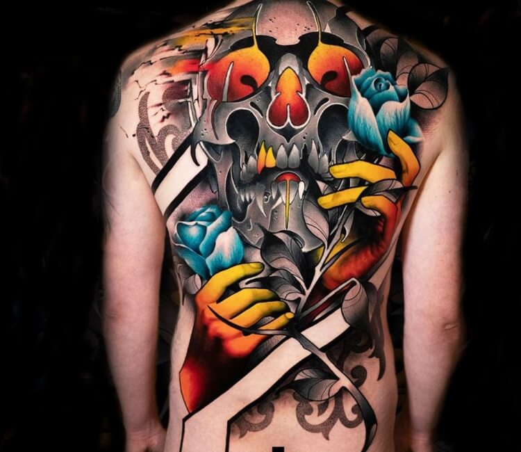 Skull and snake back piece for Nate  Chris ODonnell Tattoo