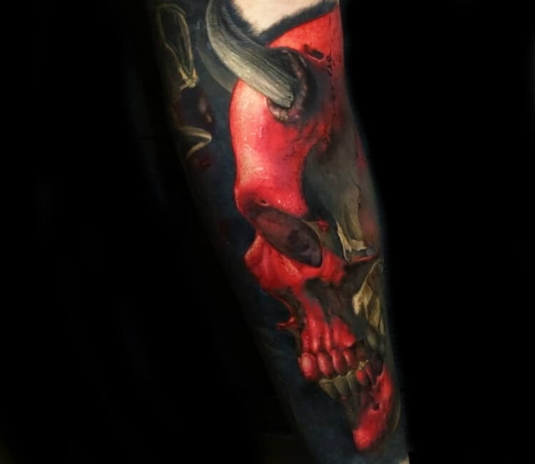 The Tattoo Bay  demon skull skulltattoo shoulders men new tattoo  get inked red compass white highlights barbwire cool wicked  gloomy ink tattoos colourfull nice unique tat cologne  Facebook