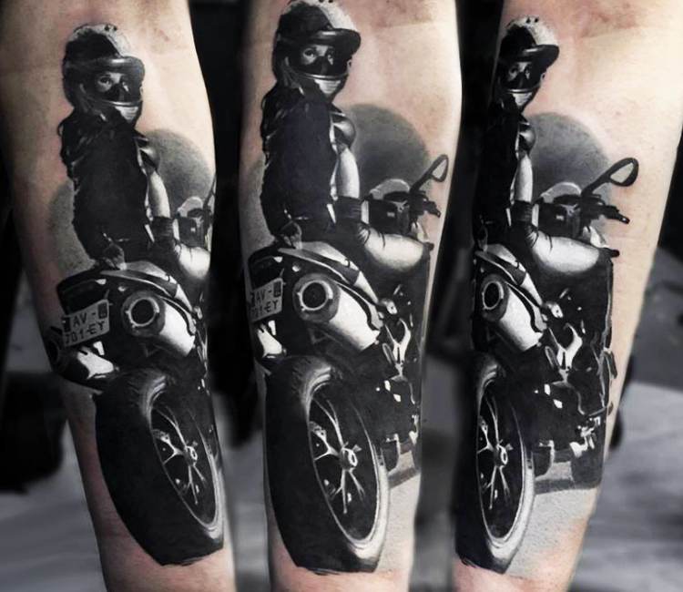 Unique Motorcycle Tattoo in Front of the Sunset